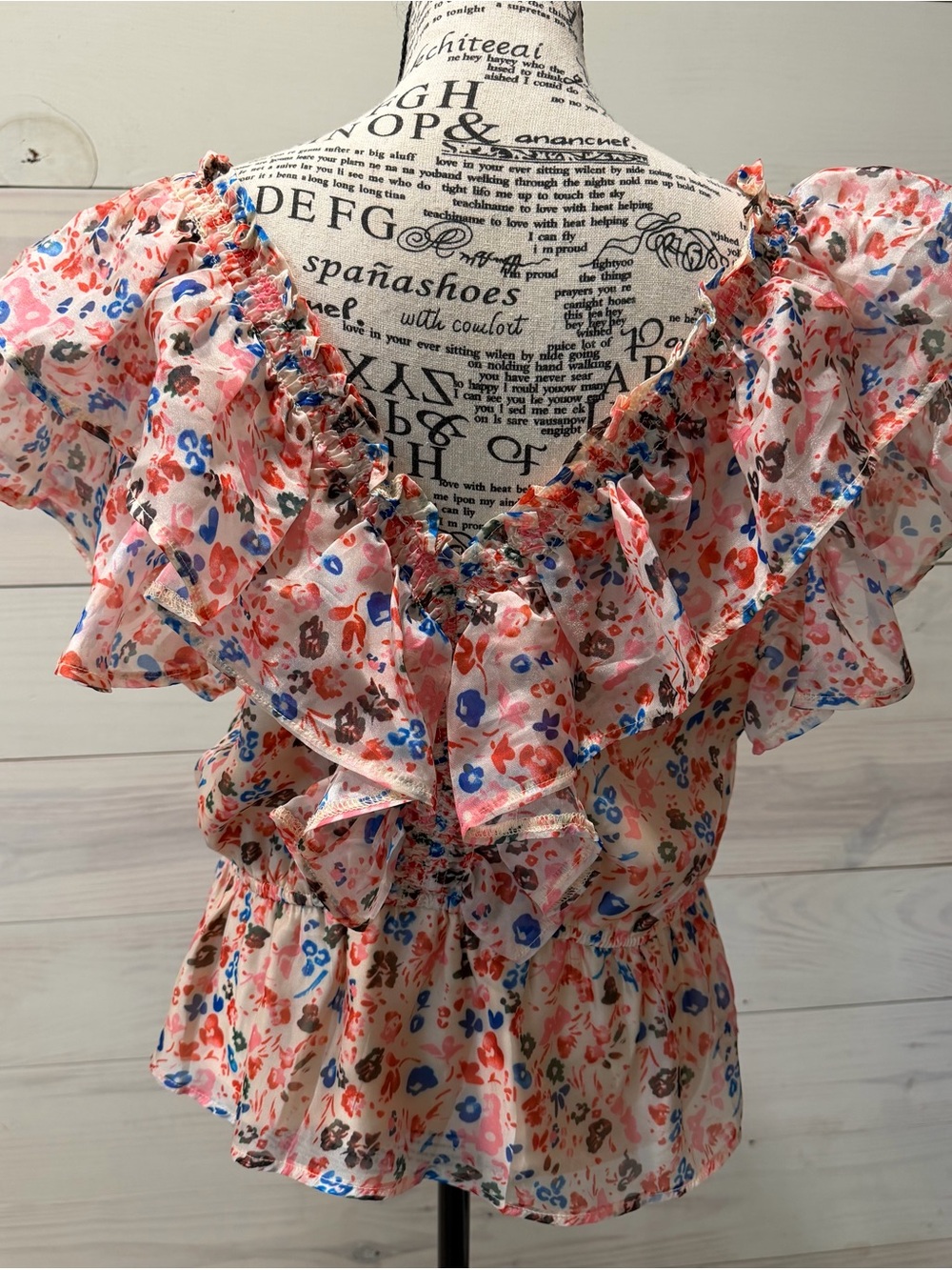 entro Peach Floral Ruffle Peplum Blouse with Blue Accents - Picture 4 of 7